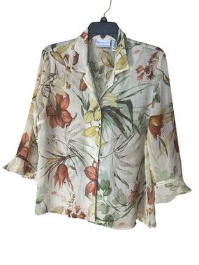 Alfred Dunner Cream Fall Floral Button-Down Blouse Ruffle Sleeve - Size 12P